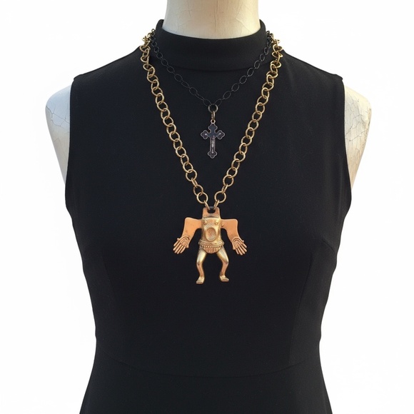 Vintage Tortolani Pendant Necklace, Gold Tone Tribal Warrior Pendant on Chain - Picture 3 of 11